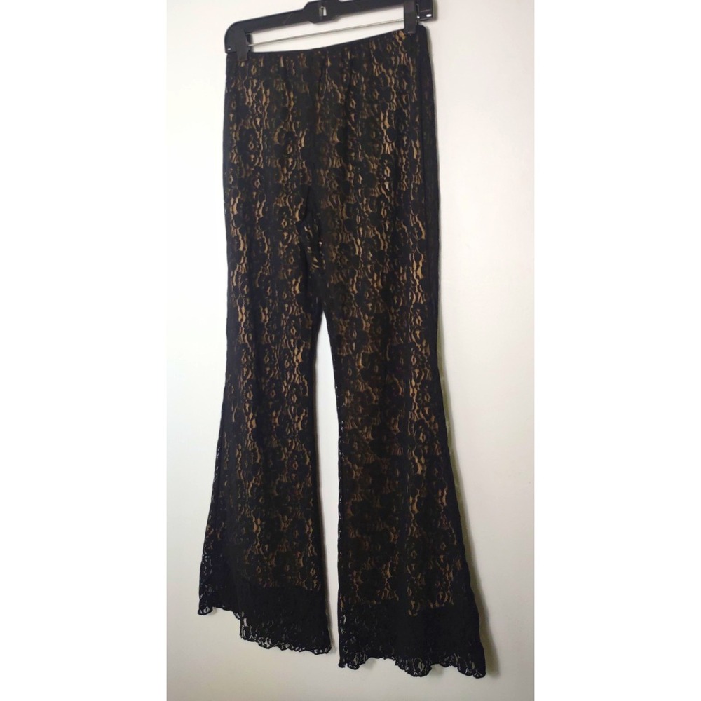 Womens Cocktail Lace Lined Elastic Waist Dress Pants Bell bottom Black Beige S
